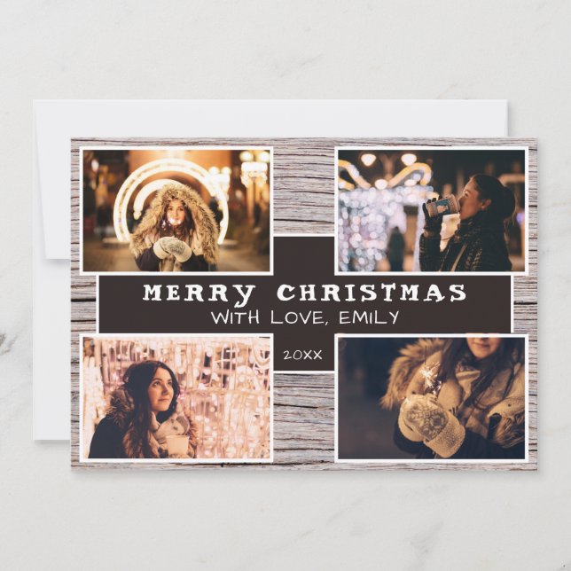 Rustic Wood 4 Photo Collage jul Bild Kort (Framsida)