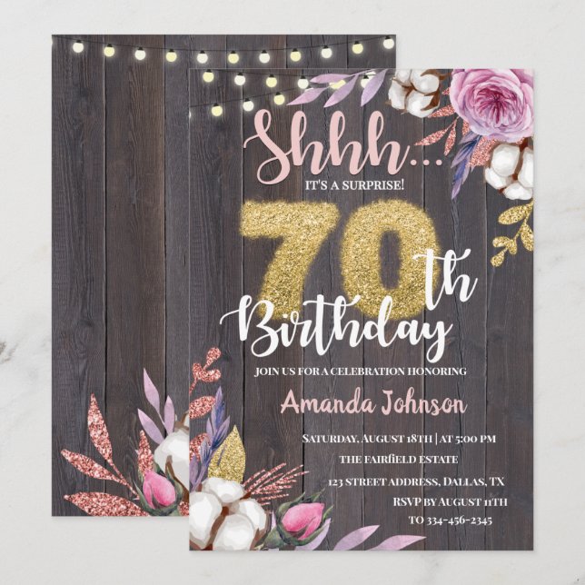 Rustic Wood 70:e inbjudan till överraskning på föd (Fram/baksida)