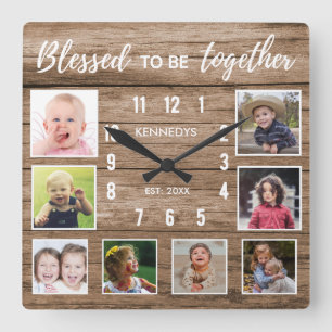 Rustic Wood 8 Photo Collage Blsed Family Quote Fyrkantig Klocka