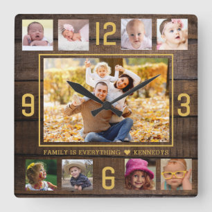 Rustic Wood 9 Photo Collage Citote Guld Numbers Fyrkantig Klocka