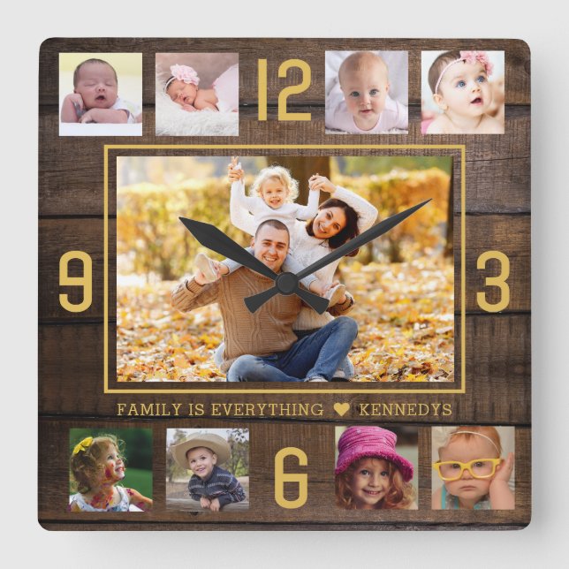Rustic Wood 9 Photo Collage Citote Guld Numbers Fyrkantig Klocka (Framsida)