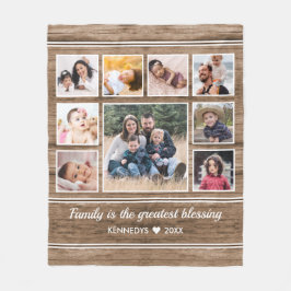 Rustic Wood 9 Photo Collage Quote Family Namn Fleecefilt