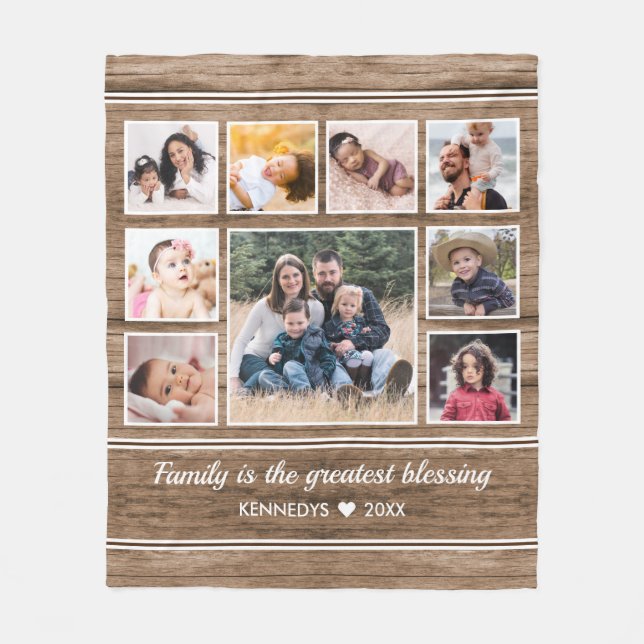 Rustic Wood 9 Photo Collage Quote Family Namn Fleecefilt (Framsidan)