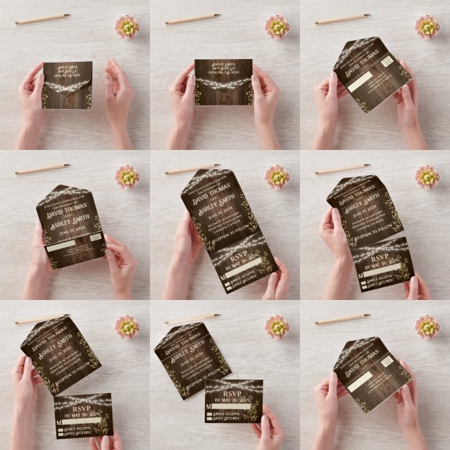 Rustic Wood allt på en bröllopsinbjudan