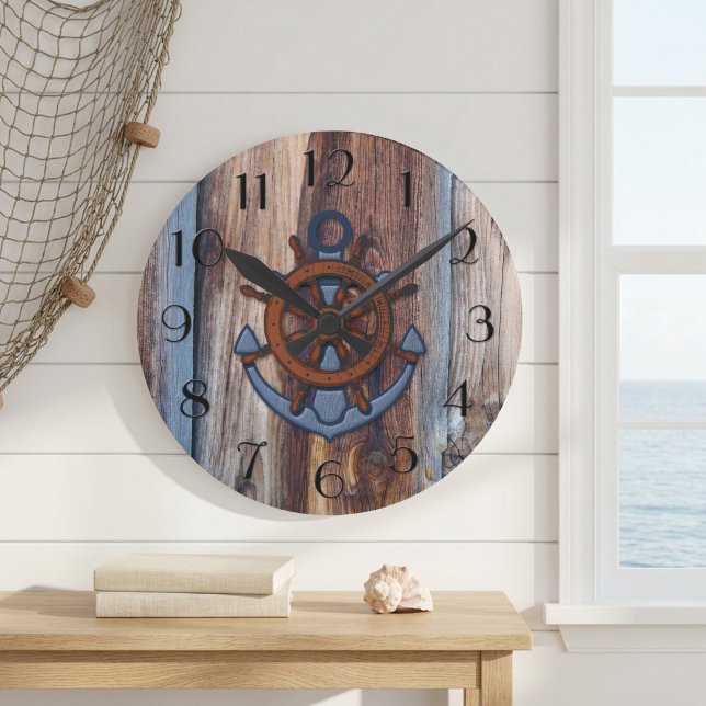 Rustic Wood Anchor Nautical Wall Clock Rund Klocka (Wall clock featuring an anchor on a rustic driftwood background)