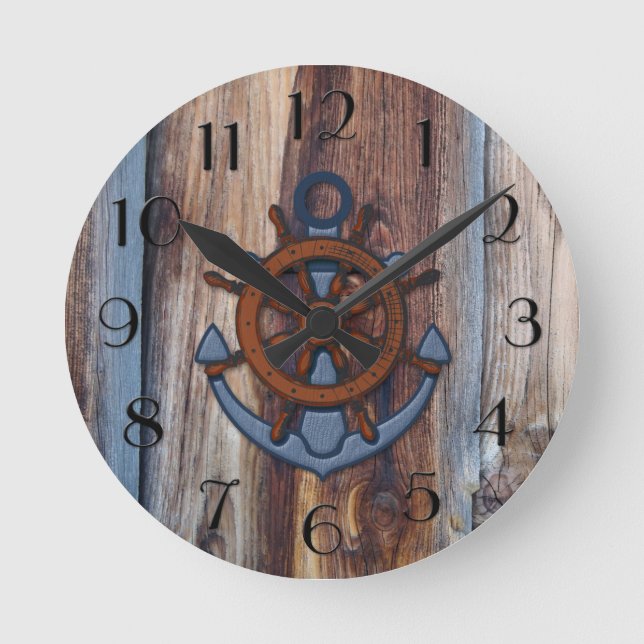 Rustic Wood Anchor Nautical Wall Clock Rund Klocka (Framsida)