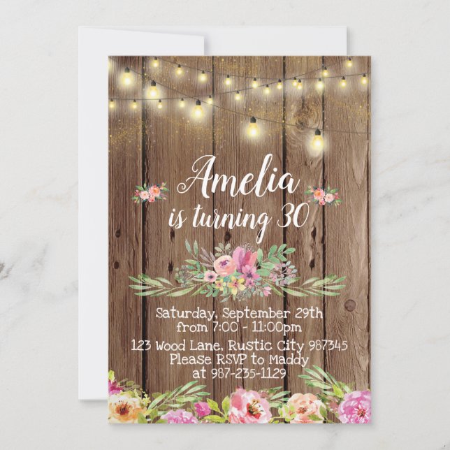 Rustic Wood and Flowers Birthday bjudande Inbjudningar (Framsida)