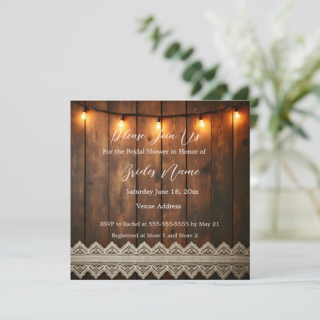 Rustic Wood and Lace Bridal Shower Invitation Inbjudningar (Stående Fram)
