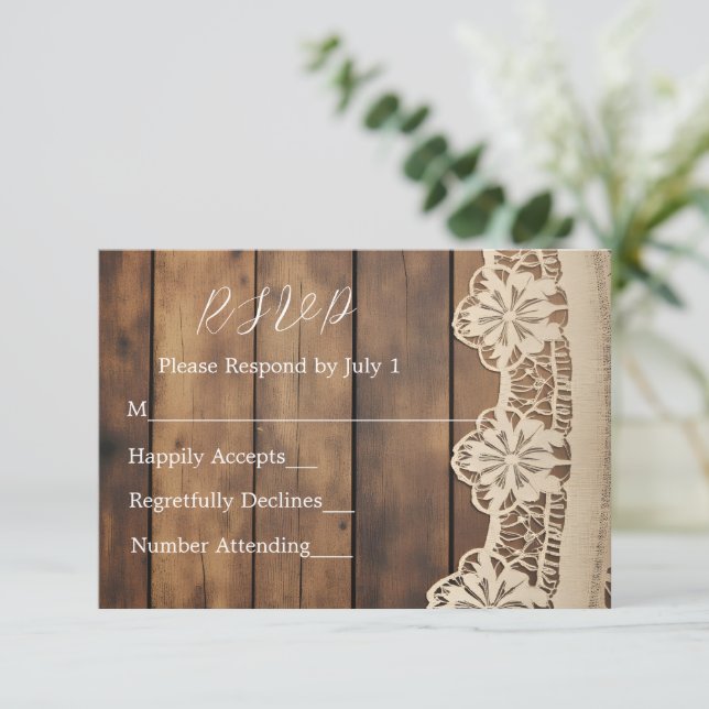 Rustic Wood and Lace RSVP Card OSA Kort (Stående Fram)