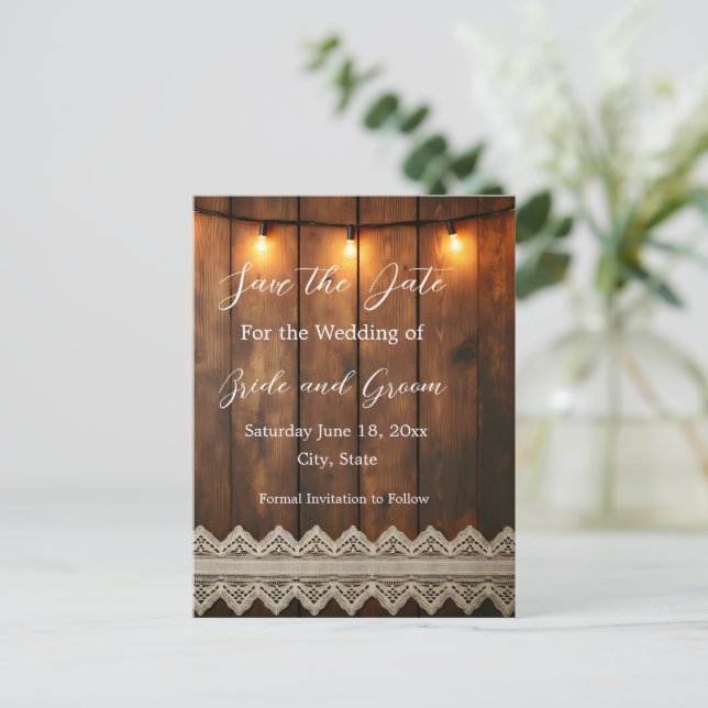 Rustic Wood and Lace Save the Date Postcard Vykort (Stående Fram)