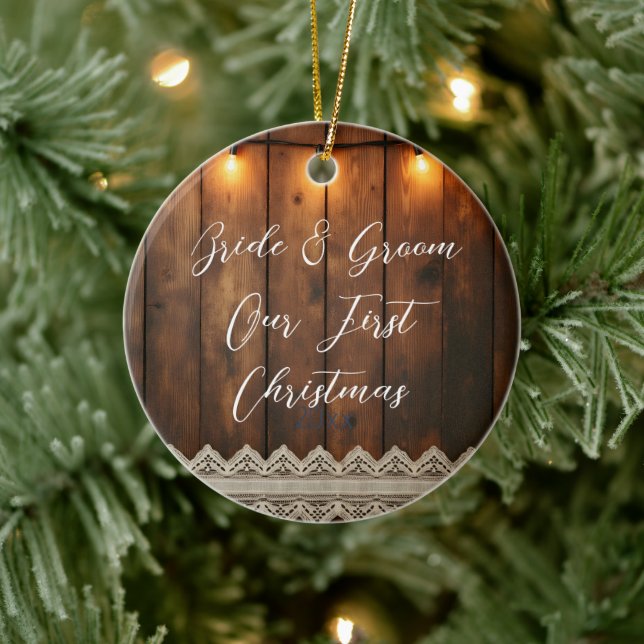 Rustic Wood and Lace Wedding First Christmas Julgransprydnad Keramik (Träd)