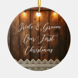 Rustic Wood and Lace Wedding First Christmas Julgransprydnad Keramik