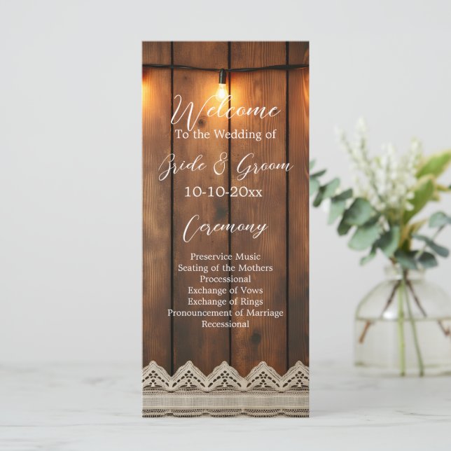 Rustic Wood and Lace Wedding Program (Stående Fram)