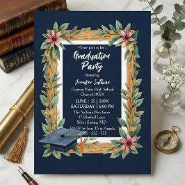 Rustic Wood and Navy Blue Floral Photo Graduation Inbjudningar