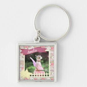 Rustic Wood and Rosa Blommigt Anpassningsbar Photo Fyrkantig Silverfärgad Nyckelring