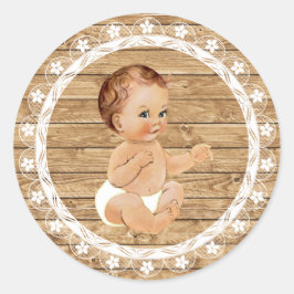 Rustic Wood and Snöre Baby Shower Sticker. Runt Klistermärke