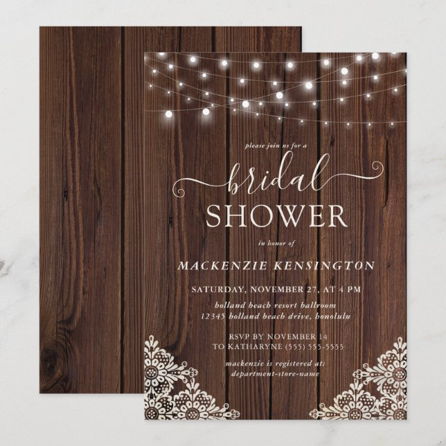 Rustic Wood and String Ljus Snöre Möhippa Inbjudningar (Fram/baksida)