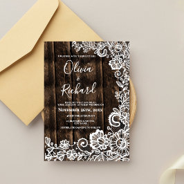Rustic Wood and White Lace Floral Wedding Inbjudningar