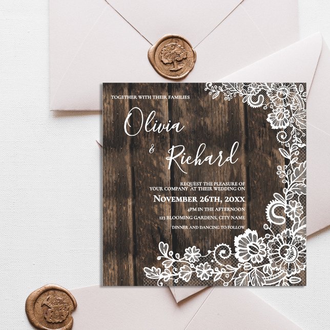 Rustic Wood and White Lace Floral Wedding Magnetisk Inbjudningskort (Rustic Wood and White Lace Floral Wedding Magnetic Invitation)