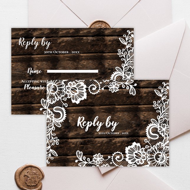 Rustic Wood and White Snöre Blommigt Bröllop OSA Kort (Rustic Wood and White Lace Floral Wedding RSVP Card)