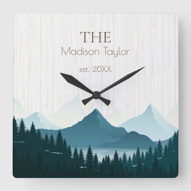 Rustic Wood Anpassningsbar Family Namn Fyrkantig Klocka (Framsida)