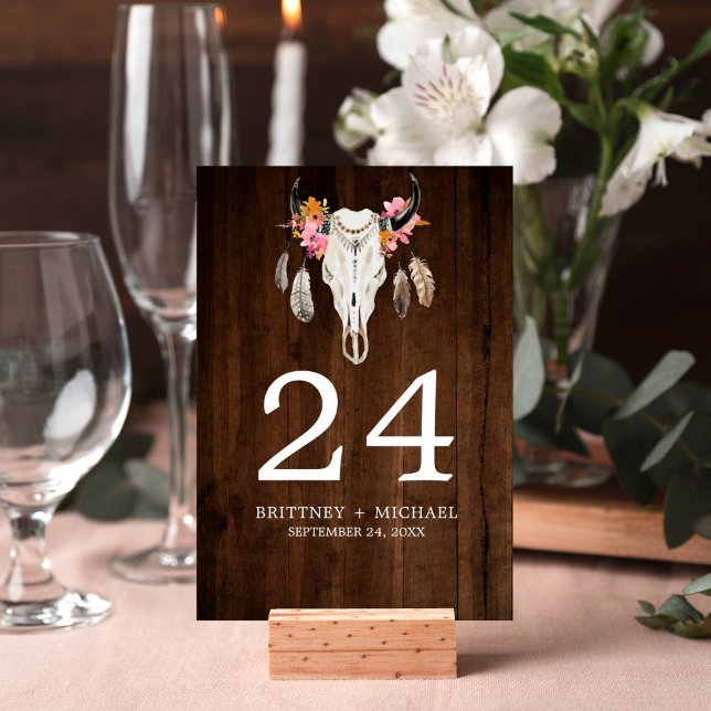 Rustic Wood Antler Bord Card Bordsnummer (Rustic wood watercolor skull design on this table number card is perfect for your wedding reception.)