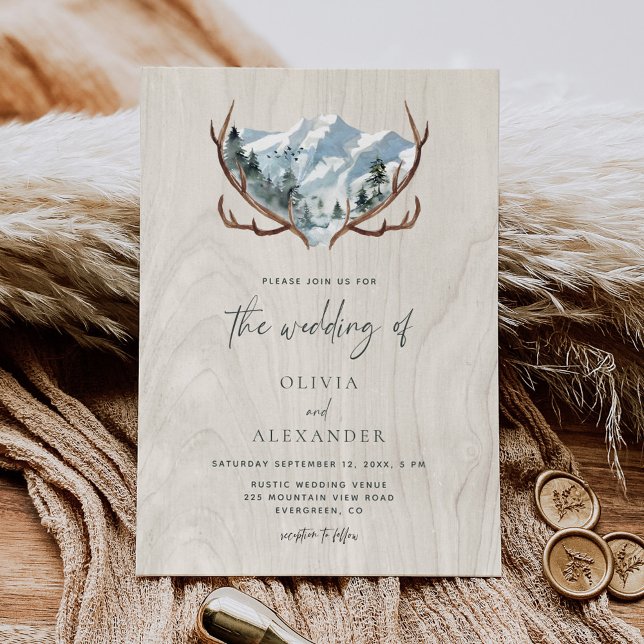 Rustic Wood Antlers Mountain Wedding bjudande Inbjudningar (Skapare uppladdad)