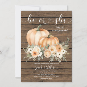 Rustic Wood Autumn Han eller hon pumpkin Gender Re Inbjudningar