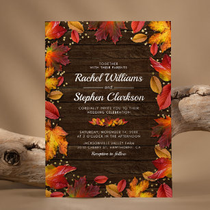 Rustic Wood Autumn Höst löv Guld Bröllop Inbjudningar