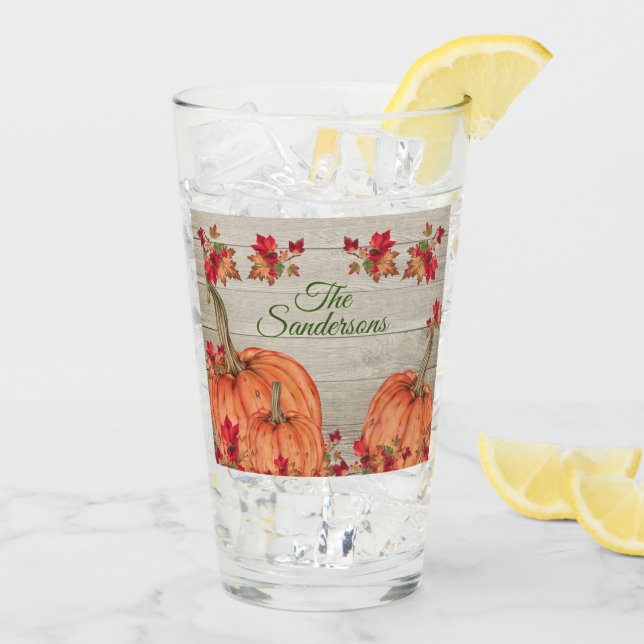 Rustic Wood Autumn Orange Pumpkins Höst löv Glaskopp (Bakside Is)