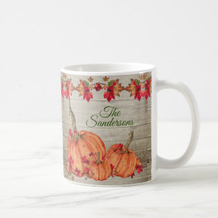 Rustic Wood Autumn Orange Pumpkins Höst löv Kaffemugg