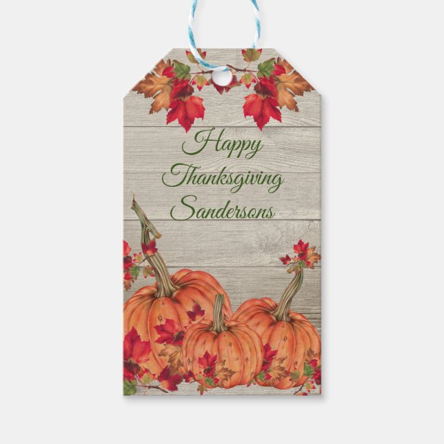 Rustic Wood Autumn Orange Pumpkins Höst löv Presentetikett (Framsidan)
