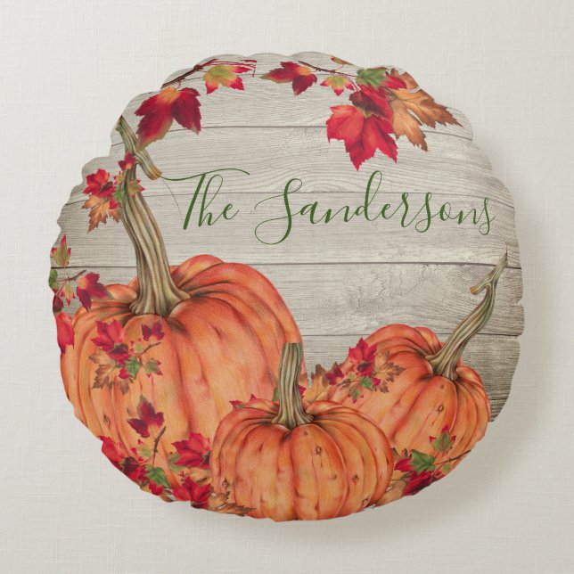 Rustic Wood Autumn Orange Pumpkins Höst löv Rund Kudde (Framsidan)