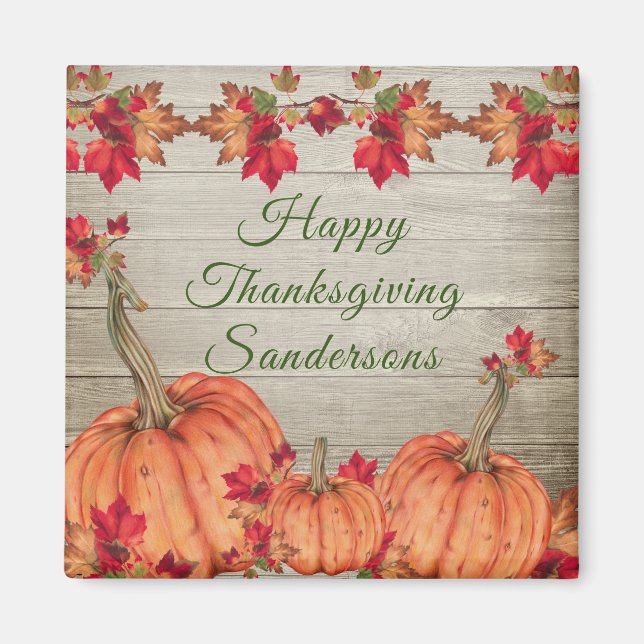 Rustic Wood Autumn Orange Pumpkins Höst löv Sq Magnet (Framsidan)