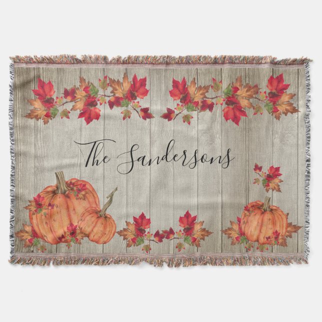 Rustic Wood Autumn Orange Pumpkins Höst löv Thr Filt (Framsidan)