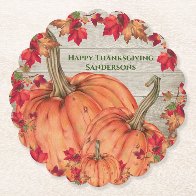 Rustic Wood Autumn Orange Pumpkins Höst löv Underlägg Papper (Framsida)