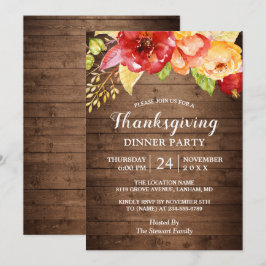 Rustic Wood Autumn Red Blommigt Thanksgiving Midda Inbjudningar