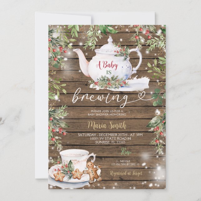 Rustic Wood Baby brinner jultea Party Inbjudningar (Framsida)