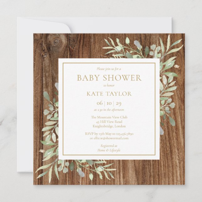 Rustic Wood Baby Shower | Sprinkle Greenery Inbjudningar (Framsida)