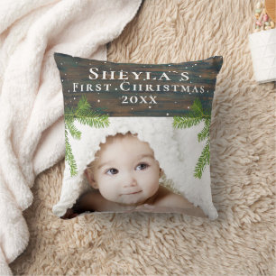 Rustic Wood Baby's First jul Photo Kudde