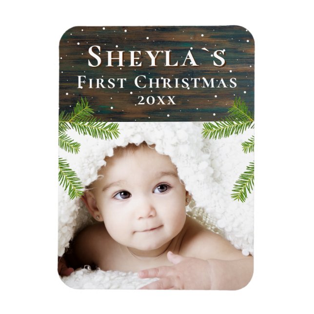 Rustic Wood Baby's First jul Photo Magnet (Vertikal)