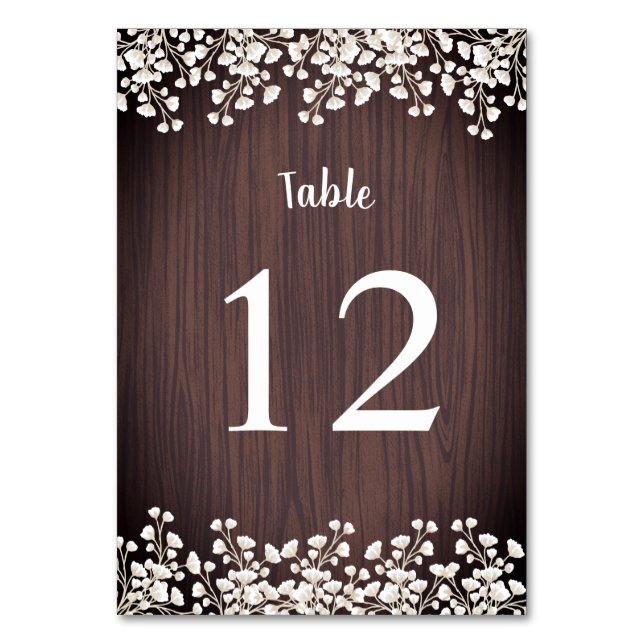 Rustic Wood Babys utandning Gypsophila Bröllop Bordsnummer (Framsidan)