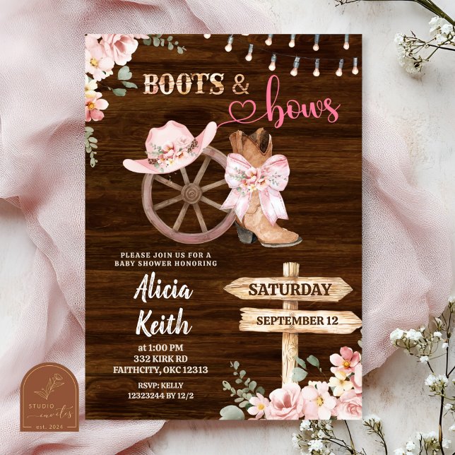 rustic wood background floral boots and bows inbjudningar (Skapare uppladdad)