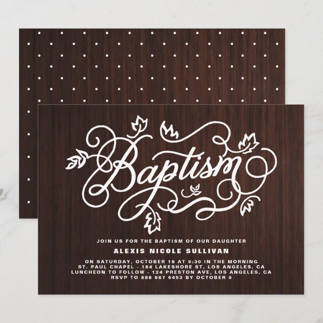Rustic Wood Background Foliage Lettering Baptism Inbjudningar (Fram/baksida)