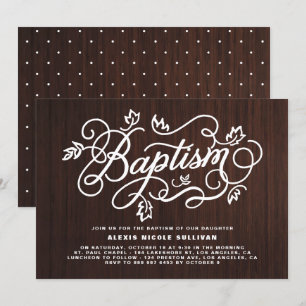 Rustic Wood Background Foliage Lettering Baptism Inbjudningar