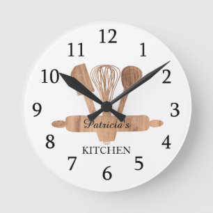 Rustic Wood Baking Utensils Custom Name Kitchen Rund Klocka