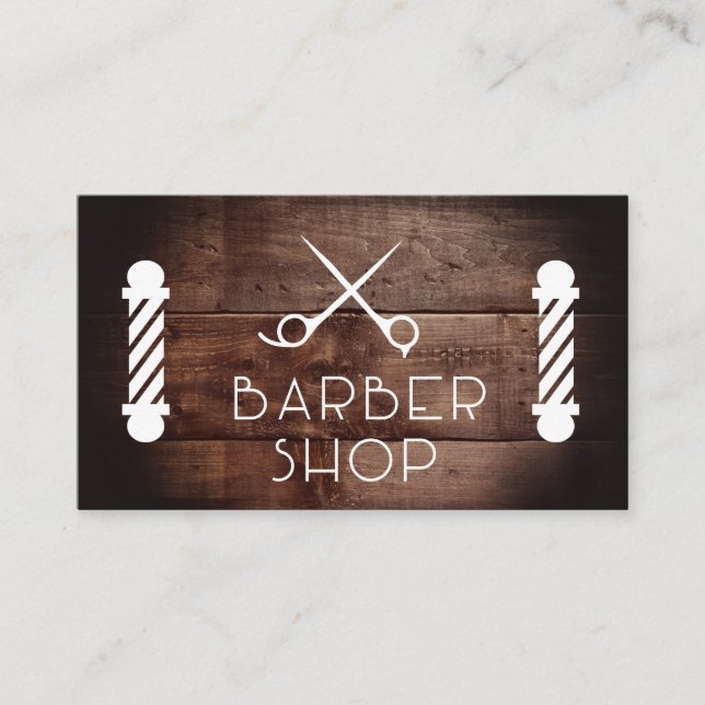 Rustic Wood | Barber Shop | Barber Pole och Shears Visitkort (Framsida)