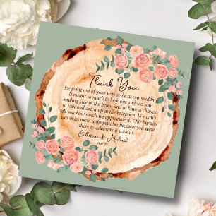 Rustic Wood Bark Ringar Watercolor Rosa ros Grönt Tack Kort