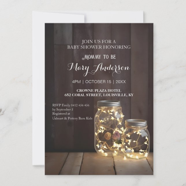 Rustic Wood Barn Baby Shower Mason Burk Ljus Inbjudningar (Framsida)