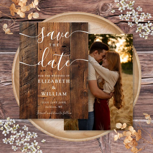 Rustic Wood Barn Boho Chic Photo Bröllop Spara Datumet (Rustic Wood Barn Boho Chic Photo Wedding Save The Date)